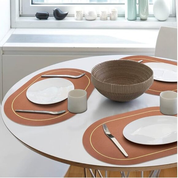 NWOT 4 PACK Double Sided Faux Leather Placement Oval - Brown + Grey - Picture 1 of 3